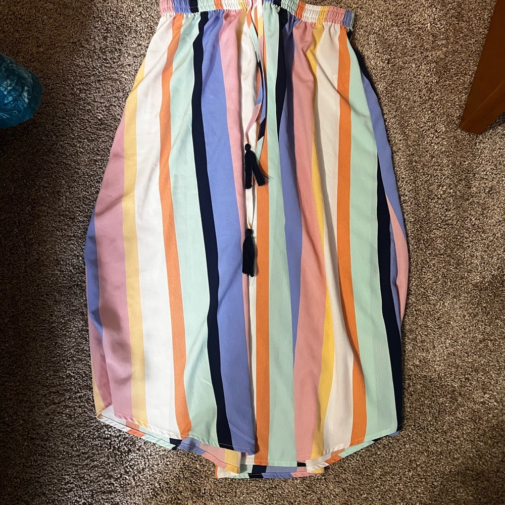 Skies Are Blue Pastel Multi-Striped Midi Skirt with Tassel Tie